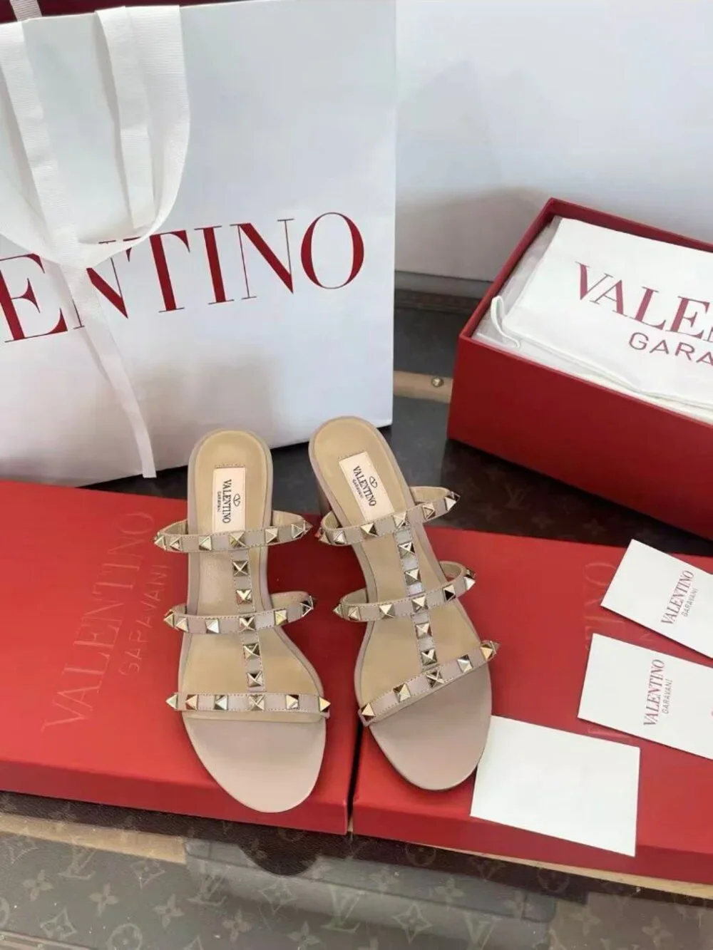 Valentino Rockstud Nude Leather Block‑Heel Slide Sandals